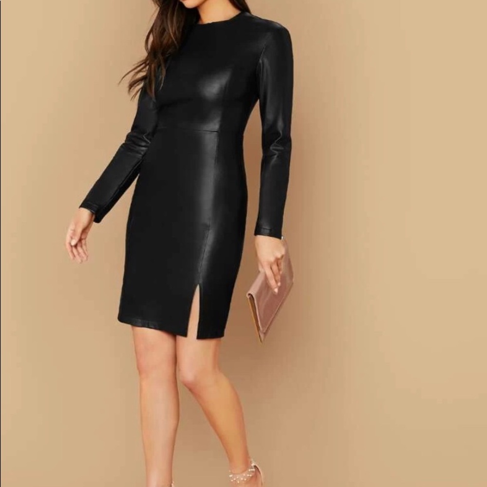 Zip Back Split Hem PU Leather Dress